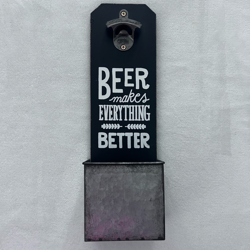 Wall-Mounted Beer Bottle Opener with Cap Catcher - Black Metal Bar Accessory